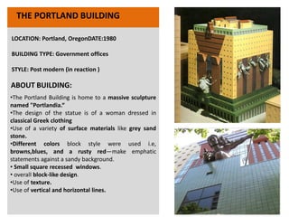 •The Portland Building is home to a massive sculpture
named "Portlandia.“
•The design of the statue is of a woman dressed in
classical Greek clothing
•Use of a variety of surface materials like grey sand
stone.
•Different colors block style were used i.e,
browns,blues, and a rusty red—make emphatic
statements against a sandy background.
• Small square recessed windows.
• overall block-like design.
•Use of texture.
•Use of vertical and horizontal lines.
ABOUT BUILDING:
LOCATION: Portland, OregonDATE:1980
BUILDING TYPE: Government offices
STYLE: Post modern (in reaction )
THE PORTLAND BUILDING
 