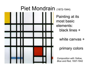 Piet Mondrain  (1872-1944) Composition with Yellow, Blue and Red,  1937-1942 Painting at its most basic elements:   black lines +    white canvas +    primary colors 