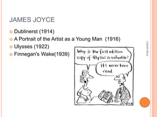 JAMES JOYCE
 Dublinerst (1914)
 A Portrait of the Artist as a Young Man (1916)
 Ulysses (1922)
 Finnegan's Wake(1939)
LisbethMora
 