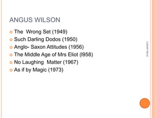 ANGUS WILSON
 The Wrong Set (1949)
 Such Darling Dodos (1950)
 Anglo Saxon Attitudes (1956)
 The Middle Age of Mrs Eliot (l958)
 No Laughing Matter (1967)
 As if by Magic (1973)
LisbethMora
 