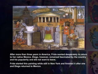 1933 Alla cuelga mi vestido
After more than three years in America, Frida wanted desperately to return
to her native Mexico. Diego, however, remained fascinated by the country
and his popularity and did not want to leave.
Frida started this painting while still in New York and finished it after she
and Diego returned to Mexico.
 