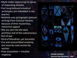 Adolph Gottlieb.
Descent into Darkness. 1947
•Myth maker expressing his sense
of impending disaster
•Carl Jung believed universal
archetypes are imbedded in our
psyches
•Gottlieb uses pictographs (picture
writing) from Classical themes
because of their mysterious,
instinctive appeal
•We are cast into the dark,
primitive real of the subconscious
•Evil of war
•Grid of Mondrian, yet Surrealist
•Cut and reassembled anatomy,
but must be read section by
section.
•Free association = intuitive
response
 