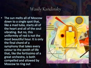 • The sun melts all of Moscow
down to a single spot that,
like a mad tuba, starts all of
the heart and all of the soul
vibrating. But no, this
uniformity of red is not the
most beautiful hour. It is only
the final chord of a
symphony that takes every
colour to the zenith of life
that, like the fortissimo of a
great orchestra, is both
compelled and allowed by
Moscow to ring out
 