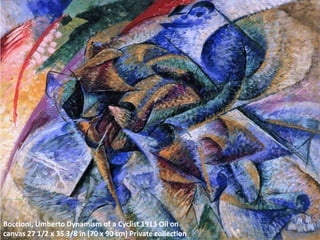 Boccioni, Umberto Dynamism of a Cyclist 1913 Oil on
canvas 27 1/2 x 35 3/8 in (70 x 90 cm) Private collection
 