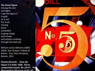 Charles Demuth. I Saw the
Figure 5 in Gold. 1928. Oil on
composition board, 36 x 29 ¾”. The
The Great Figure
Among the rain
and lights
I saw the figure 5
in gold
on a red
fire truck
moving
tense
unheeded
to gong clangs
siren howls
and wheels rumbling
through the dark city
William Carlos Williams (1883-
1963) Sour Grapes: A Book of
Poems. Four Seas Company,
Boston, 1921
 