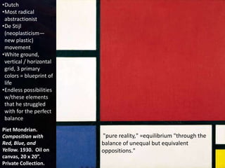 Piet Mondrian.
Composition with
Red, Blue, and
Yellow. 1930. Oil on
canvas, 20 x 20”.
Private Collection.
•Dutch
•Most radical
abstractionist
•De Stijl
(neoplasticism—
new plastic)
movement
•White ground,
vertical / horizontal
grid, 3 primary
colors = blueprint of
life
•Endless possibilities
w/these elements
that he struggled
with for the perfect
balance
"pure reality," =equilibrium "through the
balance of unequal but equivalent
oppositions."
 