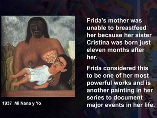 Frida's mother was
unable to breastfeed
her because her sister
Cristina was born just
eleven months after
her.
Frida considered this
to be one of her most
powerful works and is
another painting in her
series to document
major events in her life.1937 Mi Nana y Yo
 