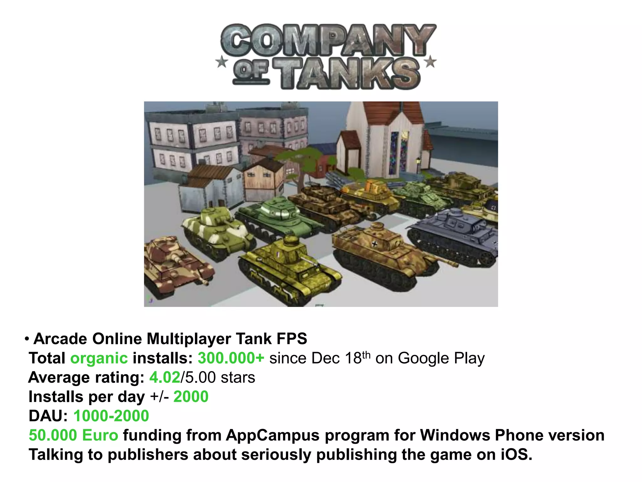 • Arcade Online Multiplayer Tank FPS
Total organic installs: 300.000+ since Dec 18th on Google Play
Average rating: 4.02/5.00 stars
Installs per day +/- 2000
DAU: 1000-2000
50.000 Euro funding from AppCampus program for Windows Phone version
Talking to publishers about seriously publishing the game on iOS.
 