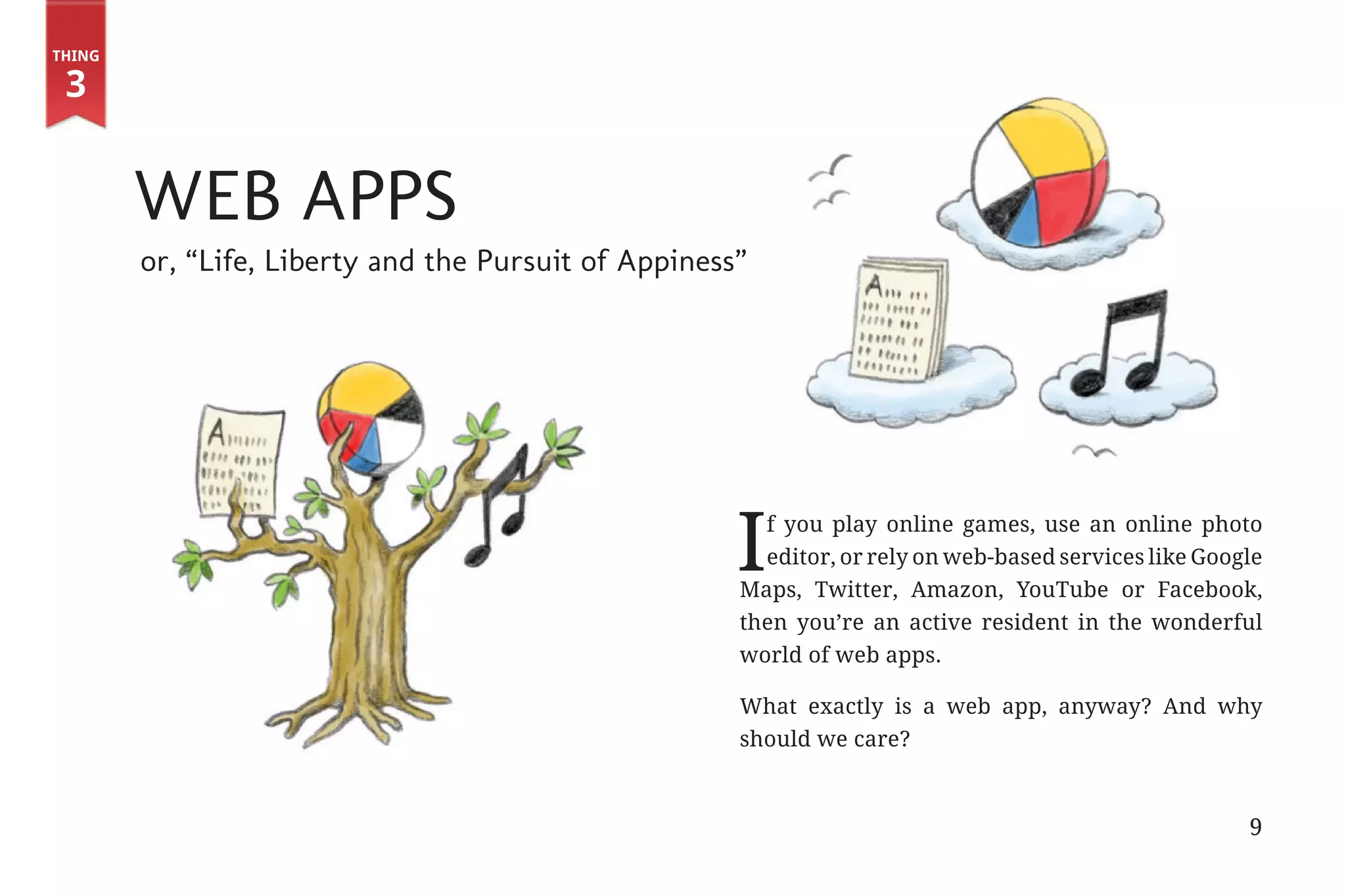 Thing

         3


                       Web Apps
                        or, “Life, Liberty and the Pursuit of Appiness”




                                                                      I f you play online games, use an online photo
                                                                        editor, or rely on web-based services like Google
                                                                      Maps, Twitter, Amazon, YouTube or Facebook,
                                                                      then you’re an active resident in the wonderful
                                                                      world of web apps.

                                                                      What exactly is a web app, anyway? And why
                                                                      should we care?



                                                                                                                       9


31334_20Things_book_v2_20101119.indd 9                                                                                     11/19/10 9:28 AM
 