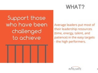 Average leaders put most of
their leadership resources
(time, energy, talent, and
patience) in the easy targets
- the high performers.
WHAT?
 