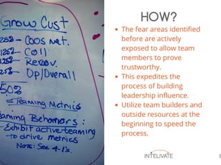 The fear areas identified
before are actively
exposed to allow team
members to prove
trustworthy.
This expedites the
process of building
leadership influence.
Utilize team builders and
outside resources at the
beginning to speed the
process.
HOW?
 