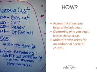 Assess the areas you
inherently lack trust.
Determine why you trust
less in these areas.
Monitor these areas for
an additional need to
control.
HOW?
 