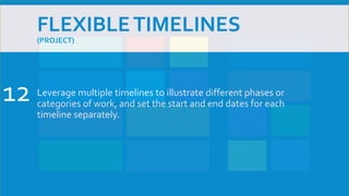 FLEXIBLETIMELINES
(PROJECT)
Leverage multiple timelines to illustrate different phases or
categories of work, and set the start and end dates for each
timeline separately.
12
 