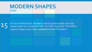 MODERN SHAPES
(VISIO)
InVisio Professional, the Basic Electrical template now has
shapes that are compliant with the IEEE standard.The Office
Layout shapes have been updated inVisio Standard.
15
 