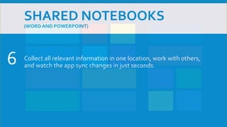 SHARED NOTEBOOKS
(WORD AND POWERPOINT)
Collect all relevant information in one location, work with others,
and watch the app sync changes in just seconds.6
 