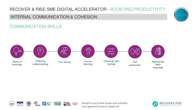 Brought to you by West Sussex local authorities
and supported by Coast to Capital LEP
RECOVER & RISE
SME DIGITAL ACCELERATOR
RECOVER & RISE SME DIGITAL ACCELERATOR - BOOSTING PRODUCTIVITY
INTERNAL COMMUNICATION & COHESION
Turn taking
Checking
understanding
Clarity of
message
Active
listening
Self
awareness
Choosing right
method
Appropriate
body
language
COMMUNICATION SKILLS
 