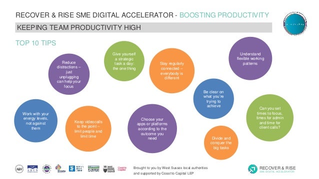 Brought to you by West Sussex local authorities
and supported by Coast to Capital LEP
RECOVER & RISE
SME DIGITAL ACCELERATOR
RECOVER & RISE SME DIGITAL ACCELERATOR - BOOSTING PRODUCTIVITY
SERIES 4: GROWTH EXPANSION & NEW PRODUCTS
KEEPING TEAM PRODUCTIVITY HIGH
Keep videocalls
to the point –
limit people and
limit time
Choose your
apps or platforms
according to the
outcome you
need
Reduce
distractions –
just
unplugging
can help your
focus
Can you set
times to focus,
times for admin
and time for
client calls?
Work with your
energy levels,
not against
them
Understand
flexible working
patterns
Divide and
conquer the
big tasks
Give yourself
a strategic
task a day:
the one thing
Be clear on
what you’re
trying to
achieve
Stay regularly
connected –
everybody is
different
TOP 10 TIPS
 