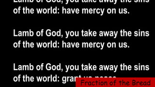 Lamb of God, you take away the sins
of the world: have mercy on us.
Lamb of God, you take away the sins
of the world: have mercy on us.
Lamb of God, you take away the sins
of the world: grant us peace.Fraction of the Bread
 