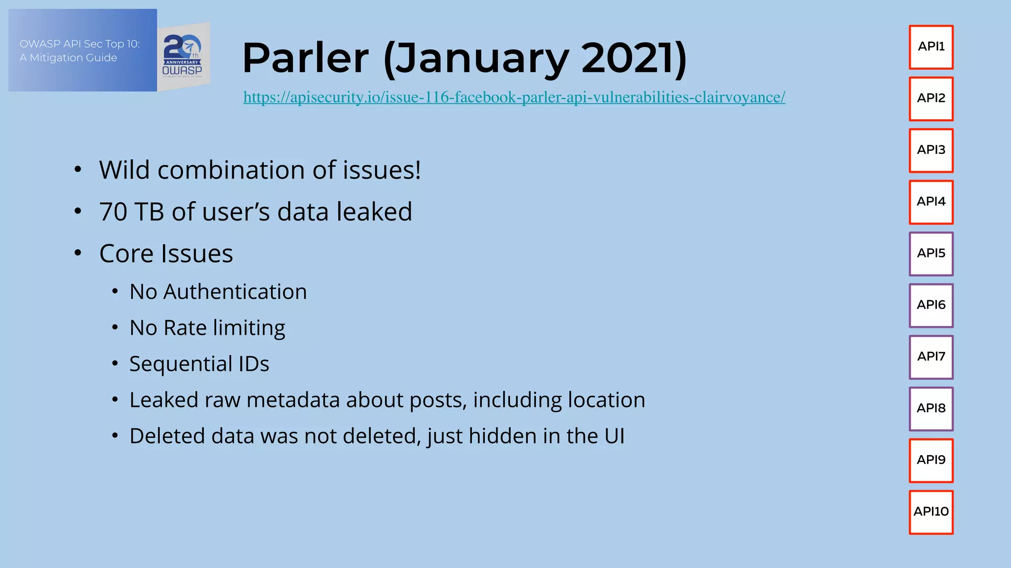 OWASP API Sec Top 10:
A Mitigation Guide
Parler (January 2021)
• Wild combination of issues!
• 70 TB of user’s data leaked
• Core Issues
• No Authentication
• No Rate limiting
• Sequential IDs
• Leaked raw metadata about posts, including location
• Deleted data was not deleted, just hidden in the UI
https://apisecurity.io/issue-116-facebook-parler-api-vulnerabilities-clairvoyance/ API2
API3
API4
API5
API6
API10
API9
API8
API7
API1
 