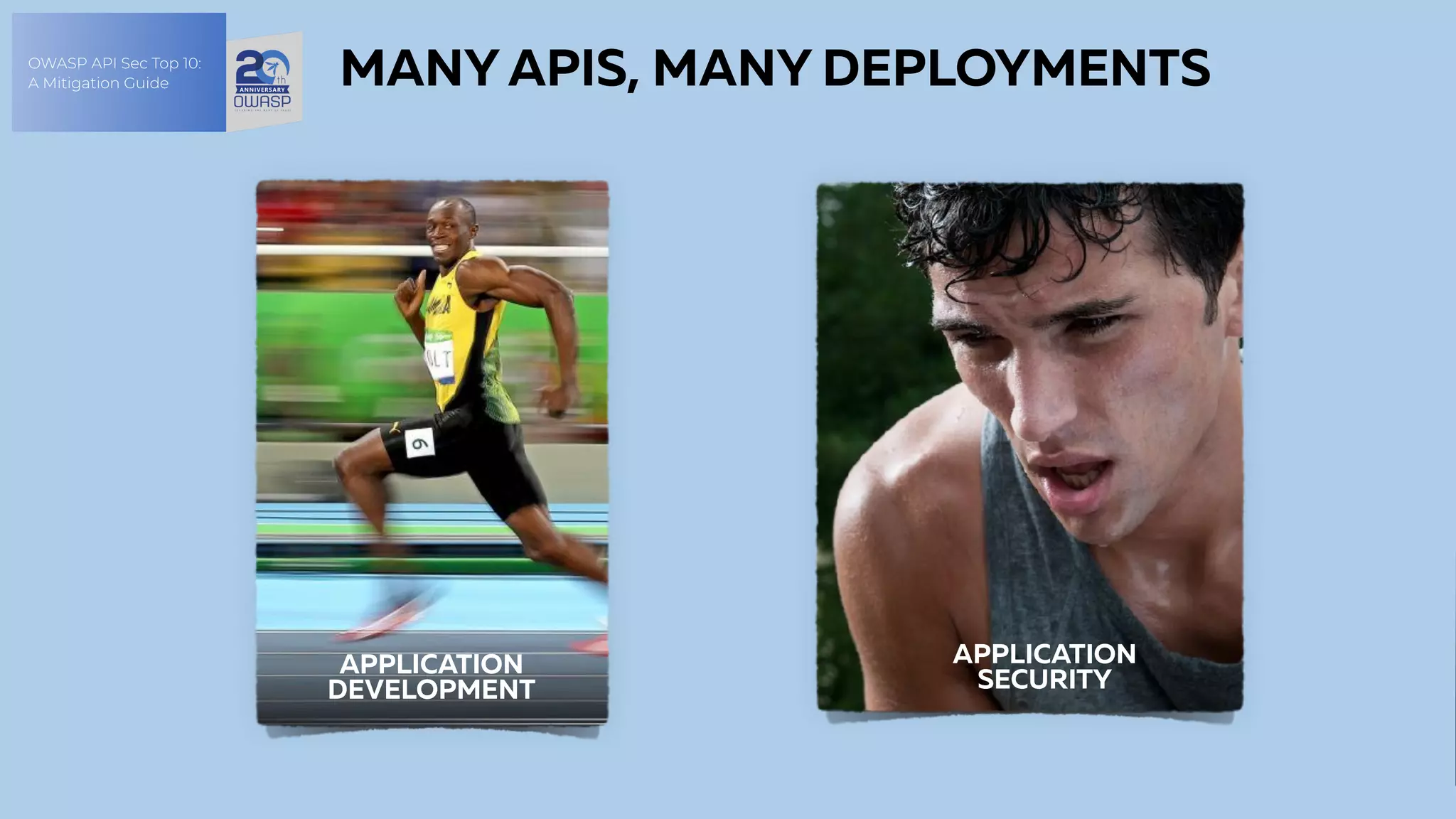 OWASP API Sec Top 10:
A Mitigation Guide MANY APIS, MANY DEPLOYMENTS
APPLICATION
DEVELOPMENT
APPLICATION
SECURITY
 