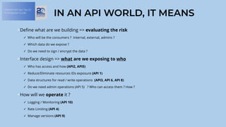 OWASP API Sec Top 10:
A Mitigation Guide
IN AN API WORLD, IT MEANS
Define what are we building => evaluating the risk
✓ Who will be the consumers ? Internal, external, admins ?
✓ Which data do we expose ?
✓ Do we need to sign / encrypt the data ?
Interface design => what are we exposing to who
✓ Who has access and how (API2, API5)
✓ Reduce/Eliminate resources IDs exposure (API 1)
✓ Data structures for read / write operations (API3, API 6, API 8)
✓ Do we need admin operations (API 5) ? Who can access them ? How ?
How will we operate it ?
✓ Logging / Monitoring (API 10)
✓ Rate Limiting (API 4)
✓ Manage versions (API 9)
 