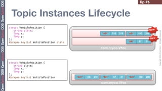 Tip #6


 Topic Instances Lifecycle
struct VehiclePosition {
   string plate;                                                                                     New




                                                                                                           Copyright	
  2010,	
  PrismTech	
  –	
  	
  All	
  Rights	
  Reserved.
   long x;                                                  “A01”    110   210   “A01”   100   200
   long y;
};                                                                                                   New
#pragma keylist VehiclePosition plate                                            “B41”   57    31


                                                            com.myco.VPos



struct VehiclePosition {
   string plate;
   long x;
   long y;
};
#pragma keylist VehiclePosition         “A01”   110   210    “B41”    57    31   “A01”   100   200

                                                            com.myco.VPos
 