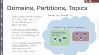 Tip #0


Domains, Partitions, Topics
                                       Domain (e.g. Domain 123)
¨   All DDS applications publish




                                                                                          Copyright	
  2010,	
  PrismTech	
  –	
  	
  All	
  Rights	
  Reserved.
     and subscribe data on a
     Partition belonging to a
     given domain
                                           Partitions (e.g. Partition “Telemetry”)
¨   Partitions are defined by
     means for strings and can            Topic Instances/
     be matched with regular              Samples
     expressions

¨   If not explicitly specified the
     default partition in the
     default domain is
     automatically chosen
 