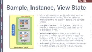 Tip #12


Sample, Instance, View State
                     History Depth = 2
                                         ¨   Along with data samples, DataReaders provides
                                              state information allowing to detect relevant




                                                                                                       Copyright	
  2010,	
  PrismTech	
  –	
  	
  All	
  Rights	
  Reserved.
                     1       1
                                              transitions in the life-cycle of data as well as data
                                              writers
                     2       2

                     3                   ¨   Sample State (READ | NOT_READ): Determines
 DataReader




                    SampleInfo                wether a sample has already been read by this
                                              DataReader or not.
                     1   1   1   2       ¨   Instance State (ALIVE, NOT_ALIVE, DISPOSED).
                     2   2   2   3            Determines wether (1) writer exist for the specific
                     3   1                    instance, or (2) no matched writers are currently
                     Samples                  available, or (3) the instance has been disposed
                         Topic           ¨   View State (NEW, NOT_NEW). Determines wether this
                                              is the first sample of a new (or re-born) instance
              DataReader Cache
 