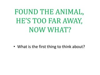 FOUND THE ANIMAL,
HE’S TOO FAR AWAY,
NOW WHAT?
• What is the first thing to think about?
 