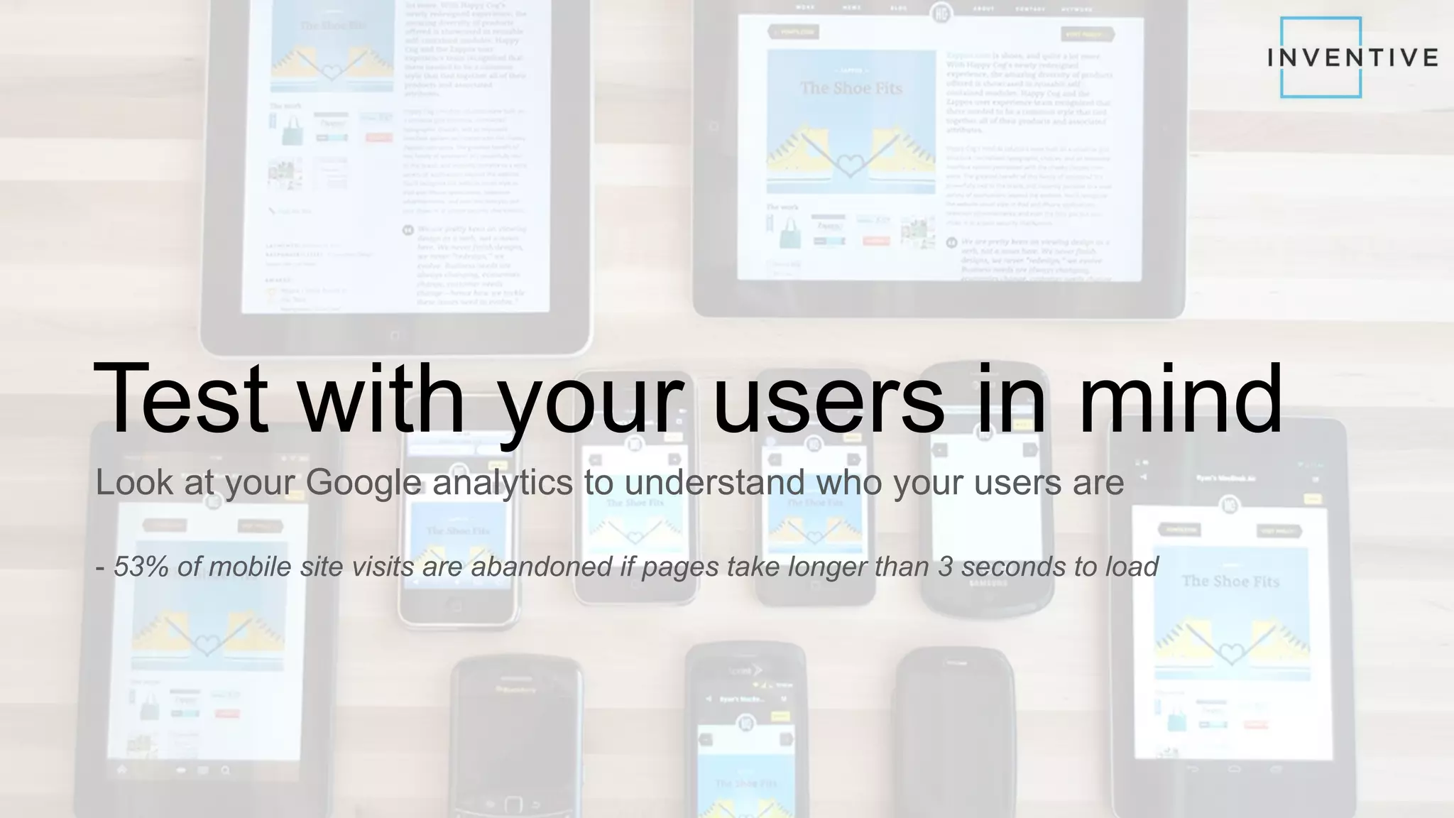 Test with your users in mind
Look at your Google analytics to understand who your users are
- 53% of mobile site visits are abandoned if pages take longer than 3 seconds to load
 