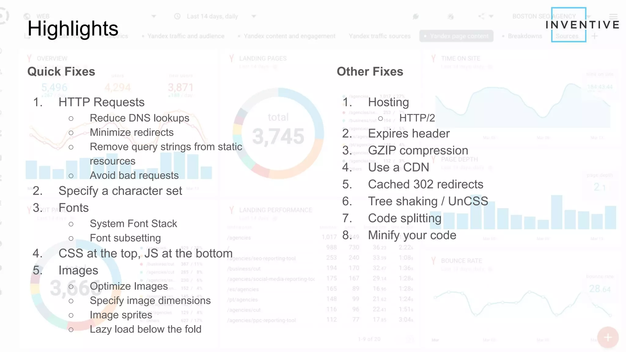 Highlights
Quick Fixes
1. HTTP Requests
○ Reduce DNS lookups
○ Minimize redirects
○ Remove query strings from static
resources
○ Avoid bad requests
2. Specify a character set
3. Fonts
○ System Font Stack
○ Font subsetting
4. CSS at the top, JS at the bottom
5. Images
○ Optimize Images
○ Specify image dimensions
○ Image sprites
○ Lazy load below the fold
Other Fixes
1. Hosting
○ HTTP/2
2. Expires header
3. GZIP compression
4. Use a CDN
5. Cached 302 redirects
6. Tree shaking / UnCSS
7. Code splitting
8. Minify your code
 