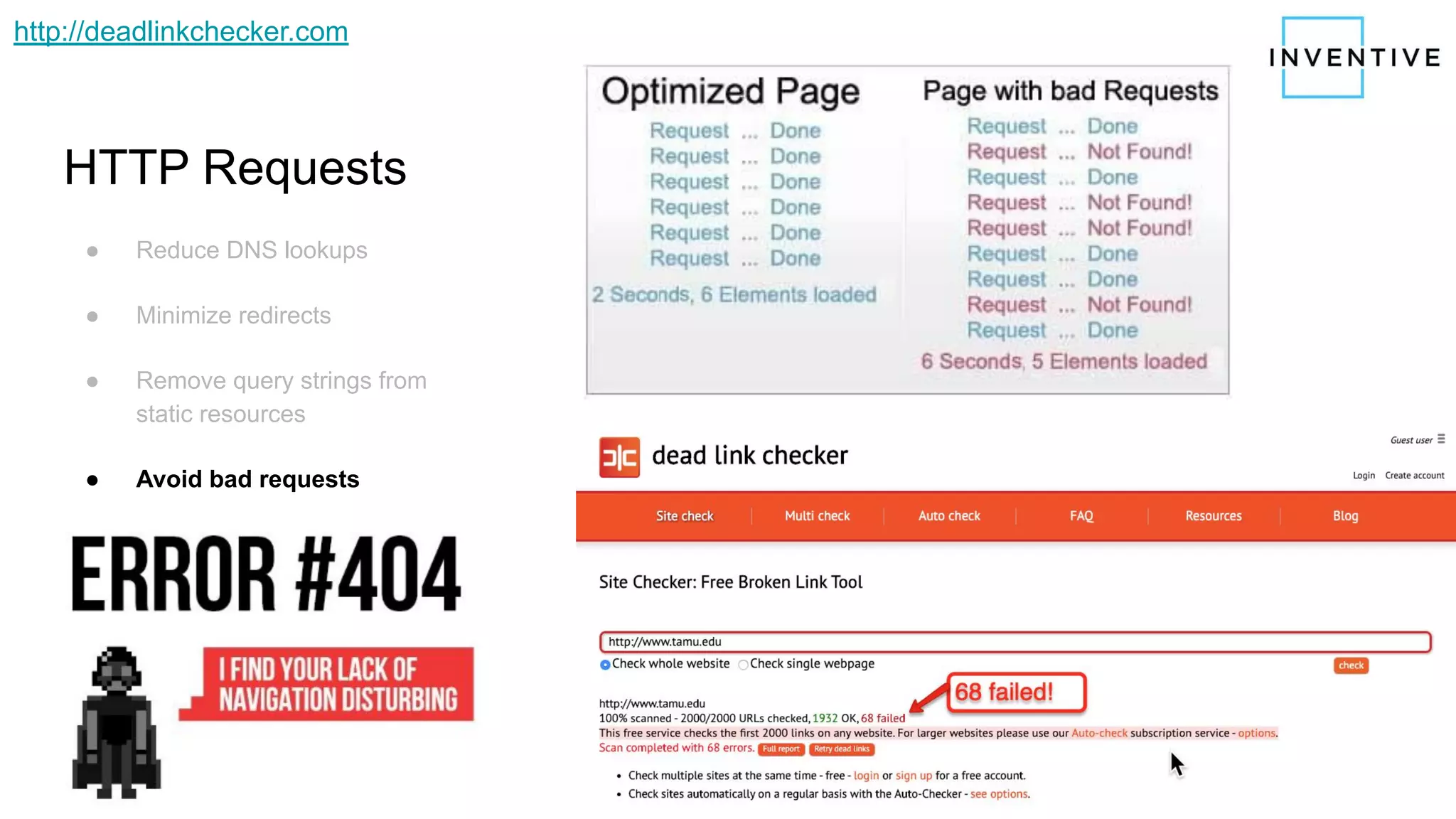 HTTP Requests
● Reduce DNS lookups
● Minimize redirects
● Remove query strings from
static resources
● Avoid bad requests
http://deadlinkchecker.com
 