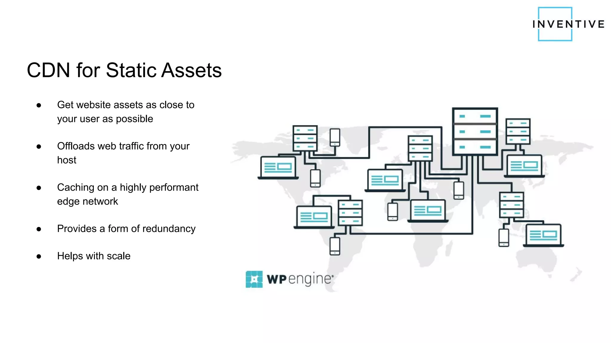 CDN for Static Assets
● Get website assets as close to
your user as possible
● Offloads web traffic from your
host
● Caching on a highly performant
edge network
● Provides a form of redundancy
● Helps with scale
 