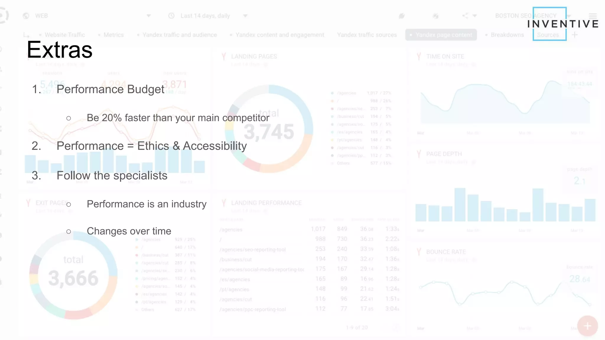 Extras
1. Performance Budget
○ Be 20% faster than your main competitor
2. Performance = Ethics & Accessibility
3. Follow the specialists
○ Performance is an industry
○ Changes over time
 