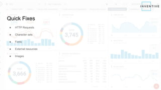 Quick Fixes
● HTTP Requests
● Character sets
● Fonts
● External resources
● Images
 