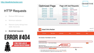 HTTP Requests
● Reduce DNS lookups
● Minimize redirects
● Remove query strings from
static resources
● Avoid bad requests
http://deadlinkchecker.com
 