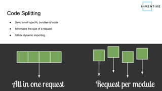 Code Splitting
● Send small specific bundles of code
● Minimizes the size of a request
● Utilize dynamic importing
 