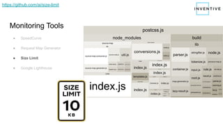 Monitoring Tools
● SpeedCurve
● Request Map Generator
● Size Limit
● Google Lighthouse
https://github.com/ai/size-limit
 