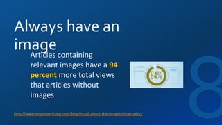 Always have an
image
http://www.mdgadvertising.com/blog/its-all-about-the-images-infographic/
Articles containing
relevant images have a 94
percent more total views
that articles without
images
 