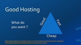 Good Hosting
https://www.wpsitecare.com/performance-of-7-top-wordpress-hosting-companies-compared/
http://www.codeinwp.com/blog/wordpress-hosting-survey-results/
What do
you want ?
Cheap
 