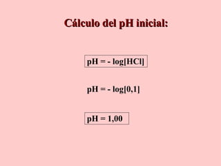 pH = - log [HCl] Cálculo del pH inicial: pH = - log [0,1] pH =  1,00 