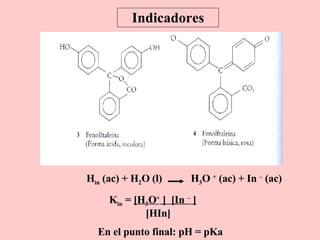 Indicadores H in  (ac) + H 2 O (l)  H 3 O  +  (ac) + In  –  (ac) K in  =  [ H 3 O +   ]  [ In  –   ]   [H In ]   En el punto final: pH = pKa 