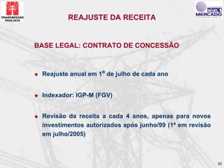 REAJUSTE DA RECEITA


BASE LEGAL: CONTRATO DE CONCESSÃO



 Reajuste anual em 1º de julho de cada ano


 Indexador: IGP-M (FGV)


 Revisão da receita a cada 4 anos, apenas para novos
 investimentos autorizados após junho/99 (1ª em revisão
 em julho/2005)



                                                          30
 