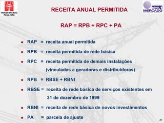 RECEITA ANUAL PERMITIDA

              RAP = RPB + RPC + PA

RAP = receita anual permitida

RPB = receita permitida de rede básica

RPC = receita permitida de demais instalações
        (vinculadas a geradoras e distribuidoras)

RPB = RBSE + RBNI

RBSE = receita de rede básica de serviços existentes em
        31 de dezembro de 1999

RBNI = receita de rede básica de novos investimentos

PA    = parcela de ajuste                                 31
 