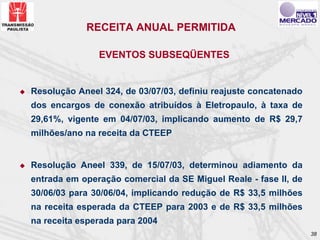 RECEITA ANUAL PERMITIDA

               EVENTOS SUBSEQÜENTES


Resolução Aneel 324, de 03/07/03, definiu reajuste concatenado
dos encargos de conexão atribuídos à Eletropaulo, à taxa de
29,61%, vigente em 04/07/03, implicando aumento de R$ 29,7
milhões/ano na receita da CTEEP


Resolução Aneel 339, de 15/07/03, determinou adiamento da
entrada em operação comercial da SE Miguel Reale - fase II, de
30/06/03 para 30/06/04, implicando redução de R$ 33,5 milhões
na receita esperada da CTEEP para 2003 e de R$ 33,5 milhões
na receita esperada para 2004
                                                                 38
 