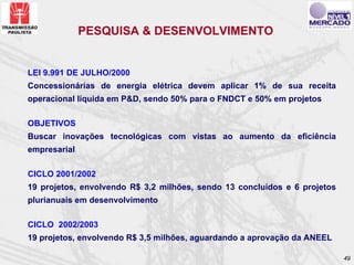 PESQUISA & DESENVOLVIMENTO


LEI 9.991 DE JULHO/2000
Concessionárias de energia elétrica devem aplicar 1% de sua receita
operacional líquida em P&D, sendo 50% para o FNDCT e 50% em projetos

OBJETIVOS
Buscar inovações tecnológicas com vistas ao aumento da eficiência
empresarial

CICLO 2001/2002
19 projetos, envolvendo R$ 3,2 milhões, sendo 13 concluídos e 6 projetos
plurianuais em desenvolvimento

CICLO 2002/2003
19 projetos, envolvendo R$ 3,5 milhões, aguardando a aprovação da ANEEL

                                                                           49
 