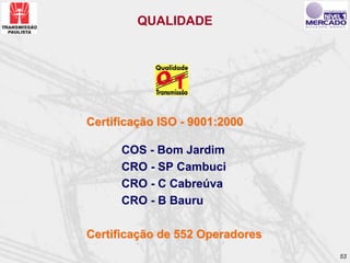 QUALIDADE




Certificação ISO - 9001:2000

      COS - Bom Jardim
      CRO - SP Cambuci
      CRO - C Cabreúva
      CRO - B Bauru

Certificação de 552 Operadores
                                 53
 