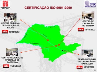 CERTIFICAÇÃO ISO 9001:2000



                                                                                                    CENTRO DE
CENTRO REGIONAL                                                                                     OPERAÇÃO
DE OPERAÇÃO DE                                                                                      DO SISTEMA
                                                                                 E
                                                                     RIO GRAND
     BAURU
                                                                                                      16/10/2002
      03/05/2002
                                                       RI
                            NÁ




                                                         O
                                                             TIE
                           RA




                                                                TÊ
                       PA
                       O
                     RI




                                 RIO PARANA
                                           PA   NEMA




                                                                                     SÃO PAULO




CENTRO REGIONAL DE
   OPERAÇÃO DE                                                                                   CENTRO REGIONAL
    CABREÚVA                                                                                     DE OPERAÇÃO DE
                                                                                                    SÃO PAULO
       15/05/2002                                                                                    18/10/2002
                                                                                                              51
 