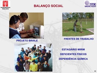 BALANÇO SOCIAL




                            FRENTES DE TRABALHO
PROJETO BRAILE


                        ESTAGIÁRIO MIRIM
                       DEFICIENTES FÍSICOS
                      DEPENDÊNCIA QUÍMICA



                                                  56
 
