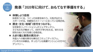 Copyright 2014-2015 KOSUGI no UNIVERSITY
KOSUGI
no
UNIV.	
発表  「2020年に向けて、おもてなす準備をする」
l  体験しよう店街
料理をつくる、つくった料理を味わう、元気が出たら
スポーツする。体験型のストーリーになっている商店街。
l  歴史・文化・地域「3世代をつなげる」
空き家をリノベーションしたシェアキッチン。
子どもたちが集まって、3世代で学び合える、味わえる
昭和のぬくもりを感じる商店街。
l  たまり場と商売の両方が○
外国人への観光案内も兼ねたコミュニティカフェ。
パン作りの体験会。作ったパンは高層マンションの方々に
デリバリー。
 